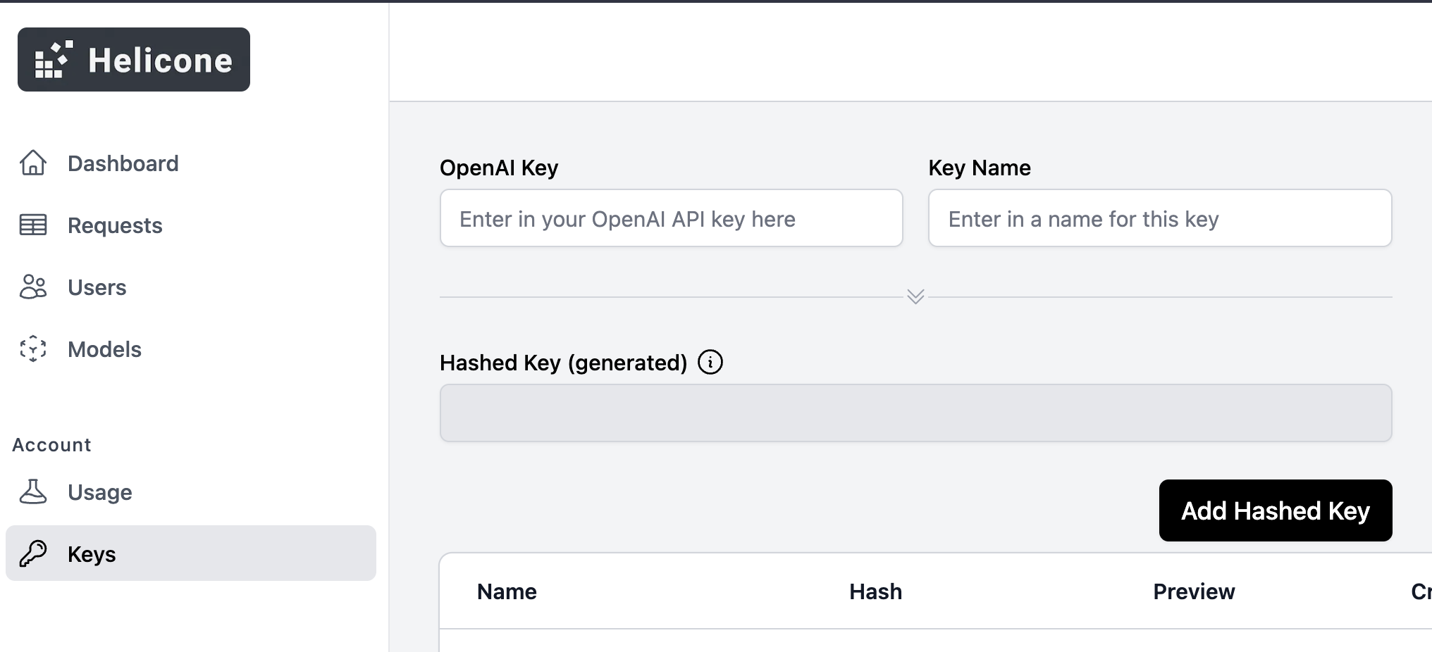 Helicone 仪表板中输入和管理 OpenAI API 密钥的界面.